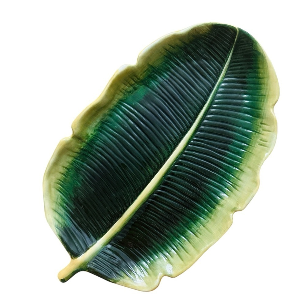 Home Interiors Large Green Banana Leaf Dish Tray Display Hand Painted Hangable